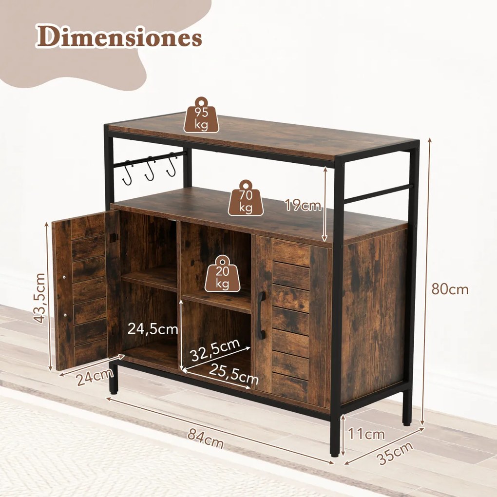 Aparador Armário 84 x 35 x 80 cm com 2 Portas Compartimentos Abertos Estantes Ajustáveis para Cozinha Sala de Jantar Castanho Rústico + Preto