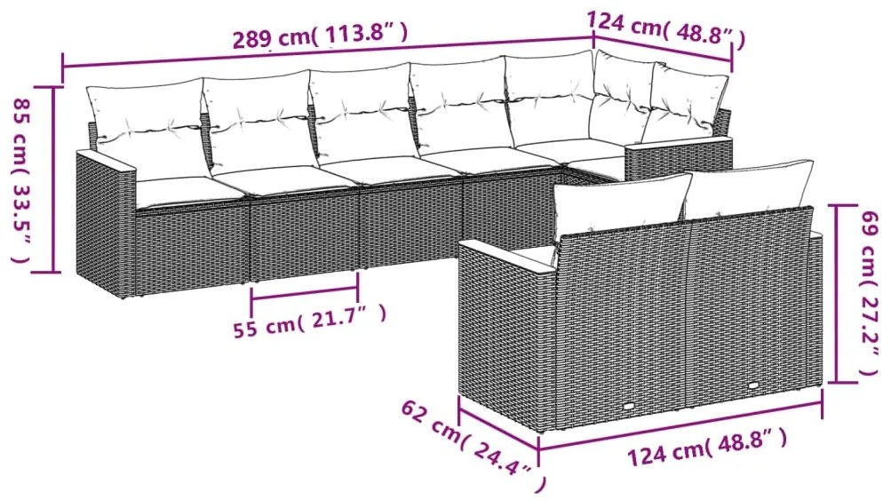8 pcs conjunto de sofás p/ jardim com almofadões vime PE bege