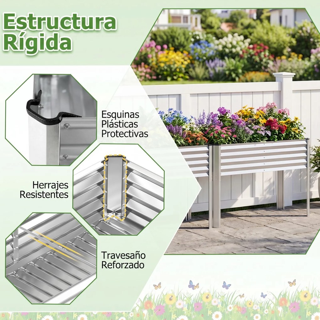Floreira elevada de jardim 118 x 60 x 77,5 cm com Estrutura em metal galvanizado, pés elevados, sistema de drenagem e base alta para terraço ou pátio