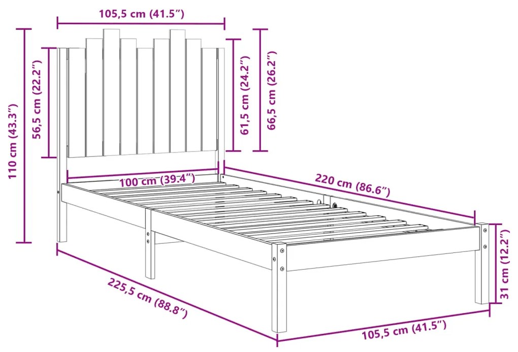 Cama extra longa sem colchão 100x220 cm madeira maciça