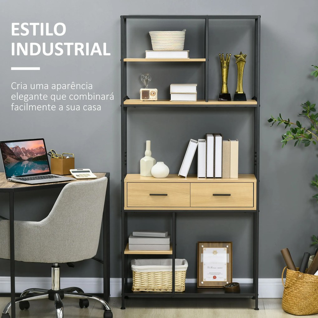 Estante Industrial de 5 Níveis Estante para Livros com 2 Gavetas e Estrutura de Metal 80x30x170,5 cm Madeira e Preto