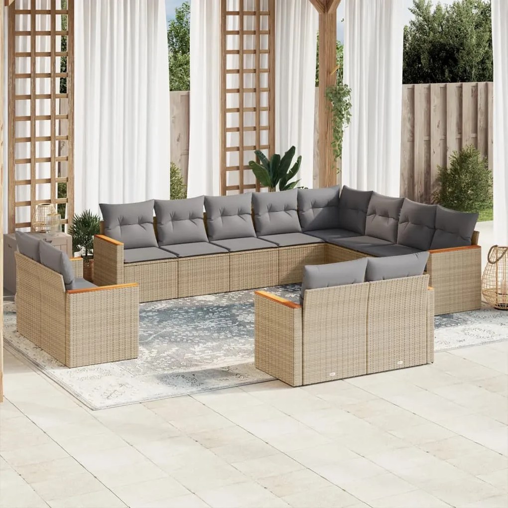 12 pcs conj. sofás jardim c/ almofadões vime PE bege misturado