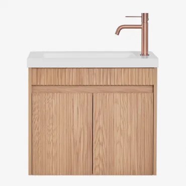 Conjunto De Móvel De Casa De Banho Suspenso Em Madeira Com Lavatório Integrado Narek Castanho Fresno & Sem Espelho & Ouro Rousa - Sklum