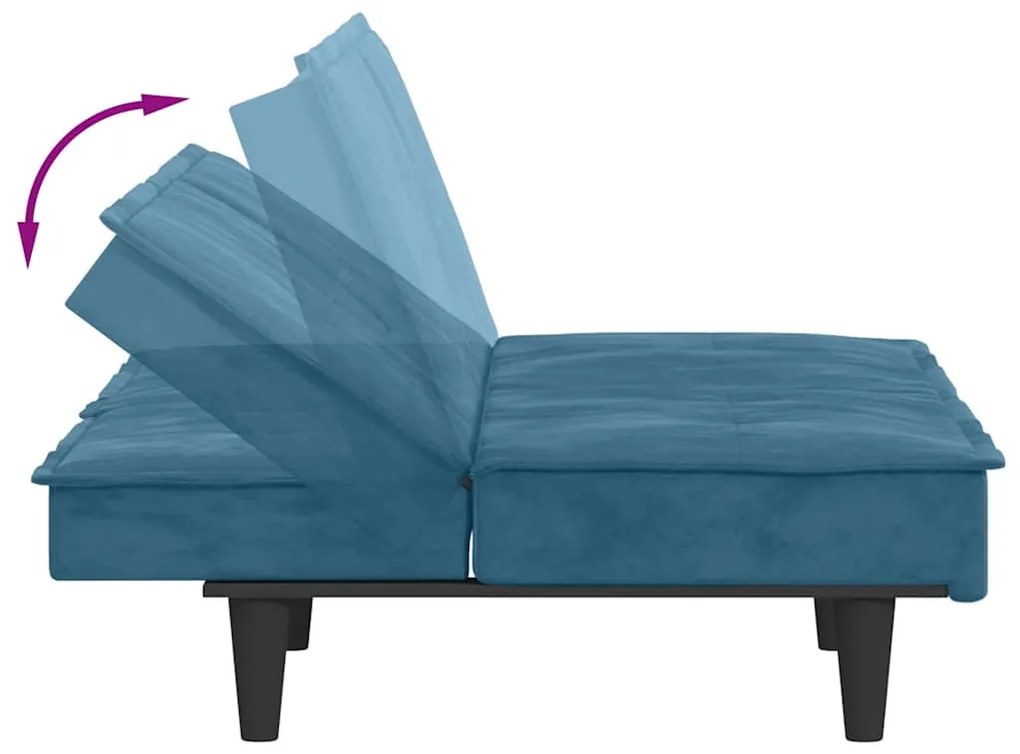 Sofá-cama com suporte para copos veludo azul