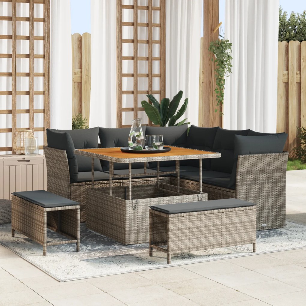 Conjunto de Sofá de Jardim de 8 Peças com Almofadas Cinza Rattan Polié