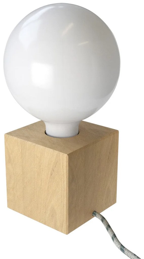 Posaluce Cubetto our table lamp in wood complete with fabric cable switch and 2-pin plug