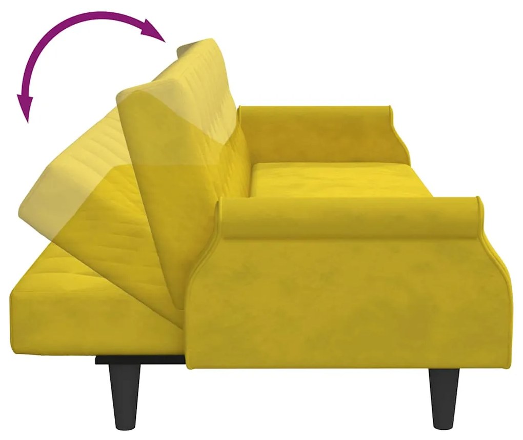 Sofá-cama com apoio de braços veludo amarelo