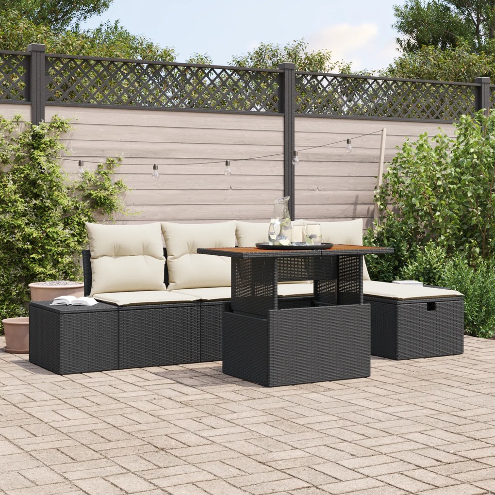 Conjunto de Sofás de Jardim de 6 peças com Almofadas Pretas Vime PE