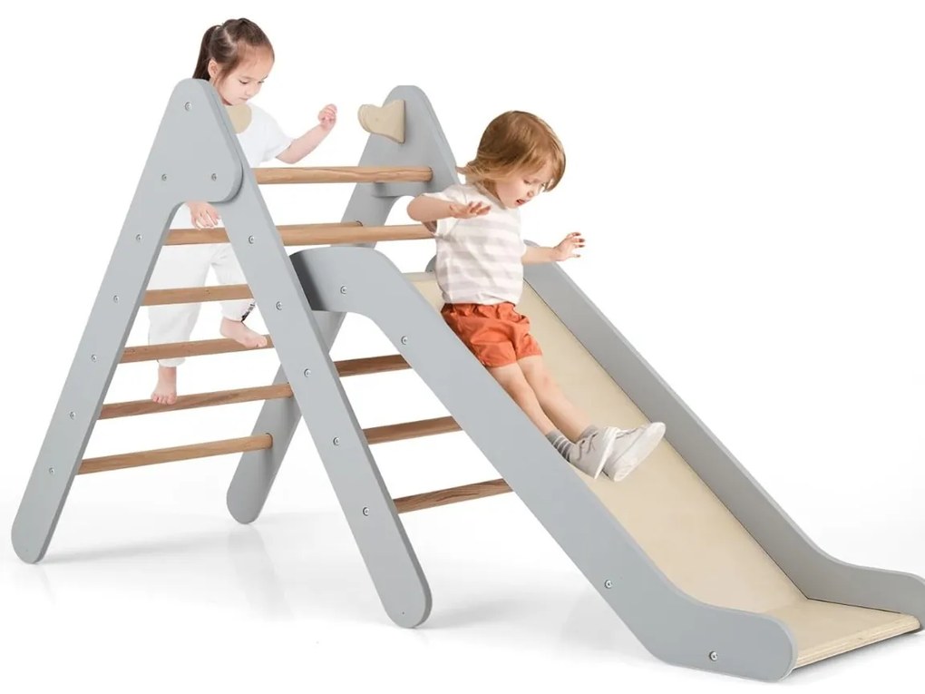 Jogo de trepar triangular 2 em 1 com escorrega ajustável Brinquedo de trepar em madeira para interior e exterior para crianças com mais de 1 ano Cinze