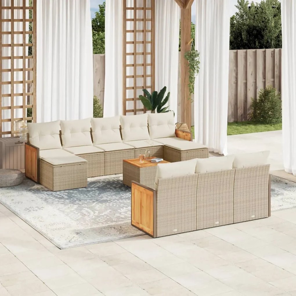 vidaXL 11 pcs conjunto sofás de jardim c/ almofadões vime PE bege