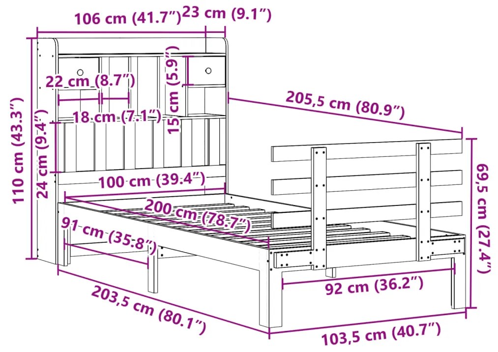 Cama c/ estante sem colchão 100x200cm pinho maciço castanho-mel