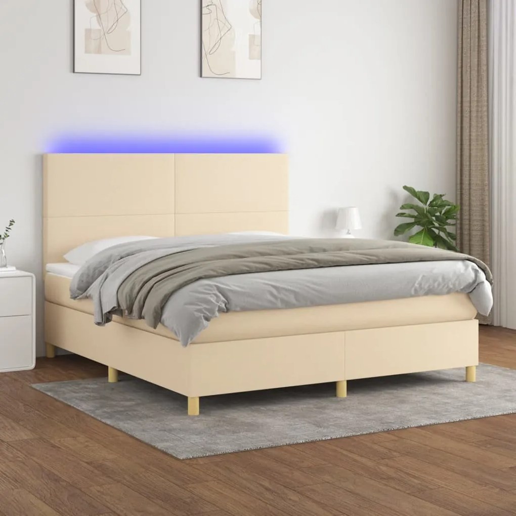 Cama box spring c/ colchão e LED 180x200 cm tecido cor creme