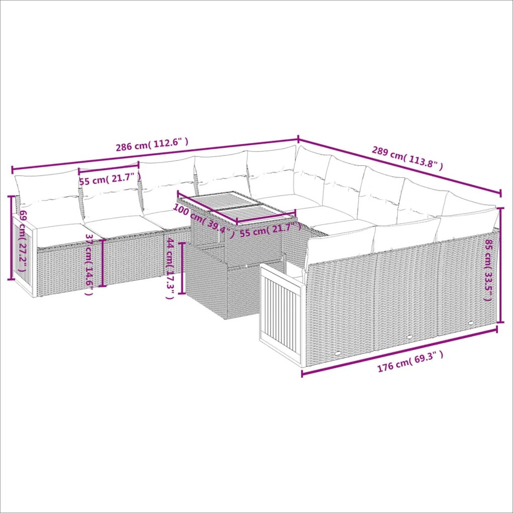 11 pcs conjunto sofás de jardim c/ almofadões vime PE preto