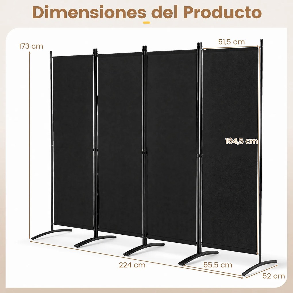 Biombo de 4 Painéis Dobrável, 224 x 52 x 173 cm, Estrutura Metálica, Preto