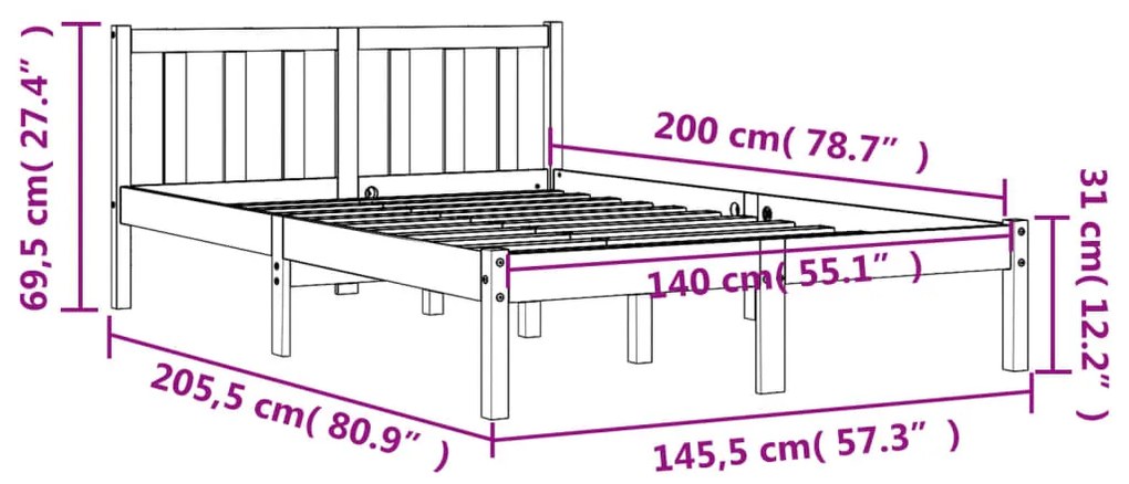 Estrutura de cama 140x200 cm madeira pinho maciça castanho cera