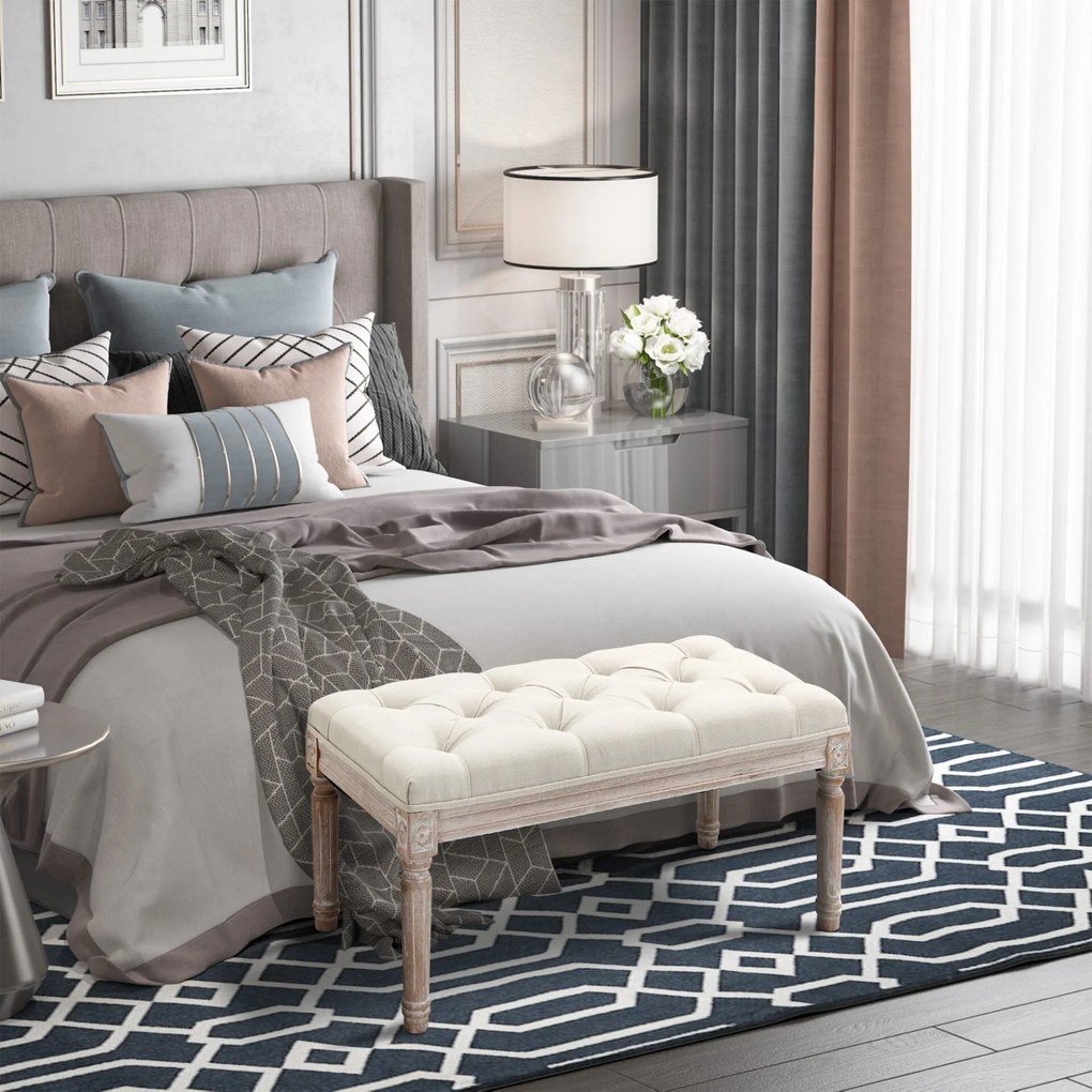 Banco Acolchoado – Margaux – 80x40x41 cm – Bege – Design Vintage e Clá