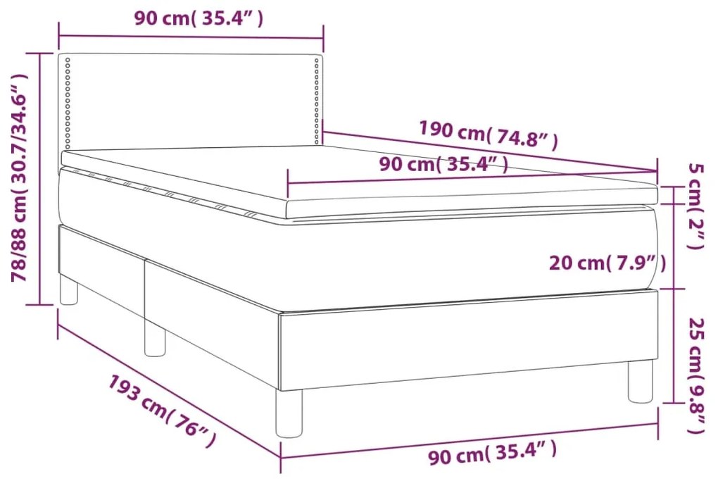 Cama box spring c/ colchão e LED 90x190 cm tecido cinza-claro