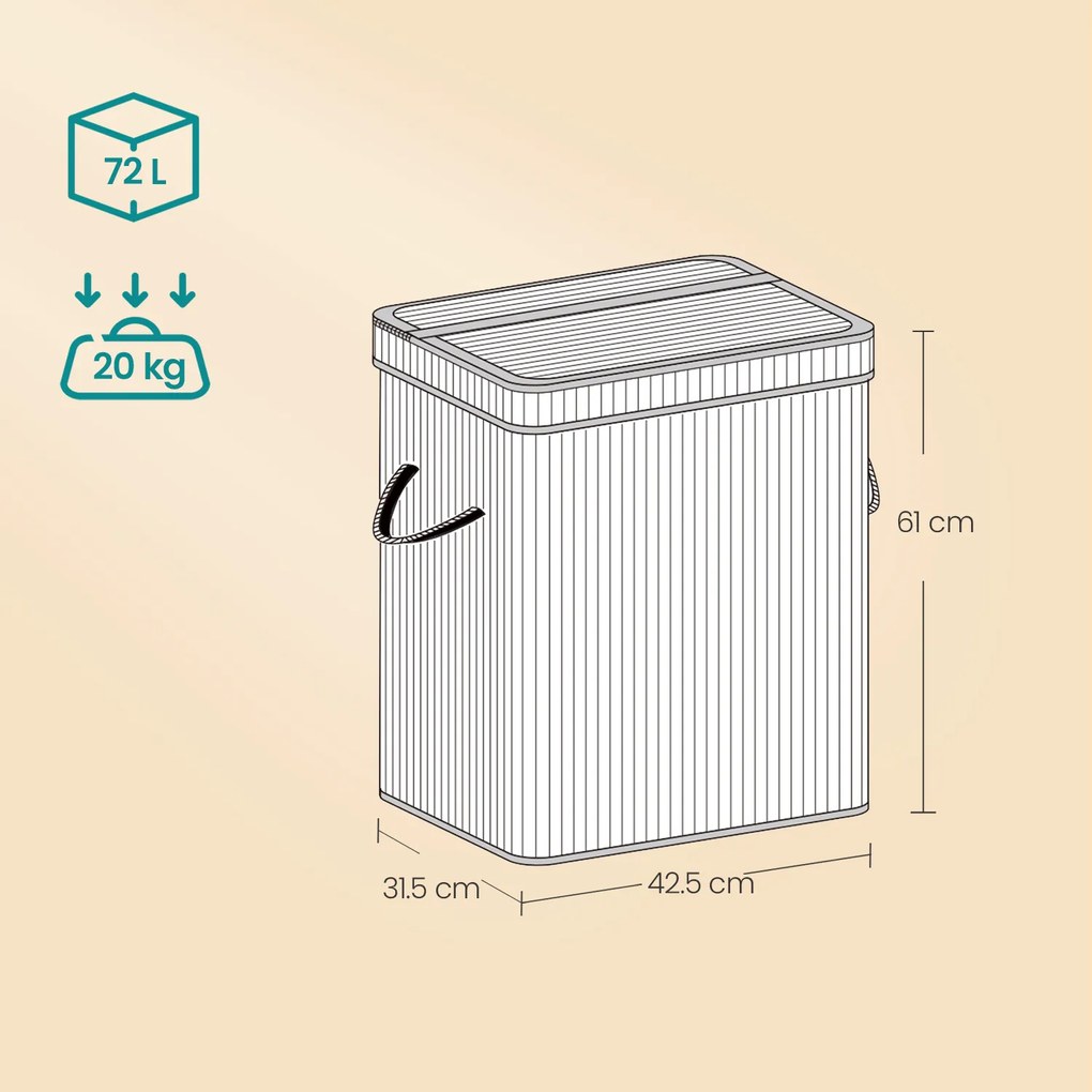 Cesto para roupa suja em bambu de 31,5 x 42,5 x 61 cm branco
