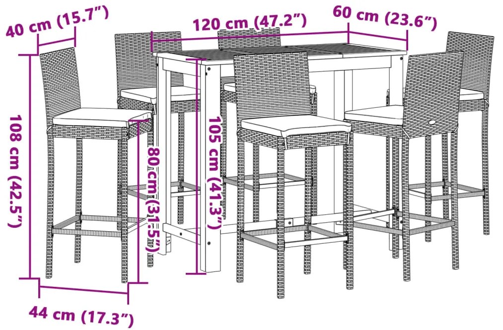 7 pcs conjunto de bar p/ jardim acácia maciça/vime PE cinzento