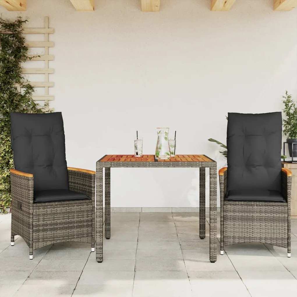 3 pcs conjunto bistrô com almofadões vime PE cinza
