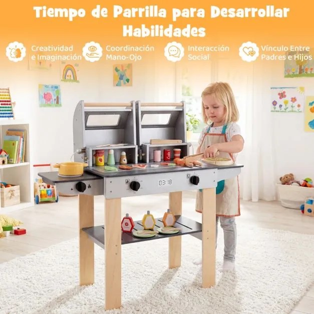 Conjunto de churrasqueira de madeira para crianças 94 x 33 x 87 cm com diversos utensílios e alimentos, 2 grelhas e tampas dobráveis, cinzento escuro
