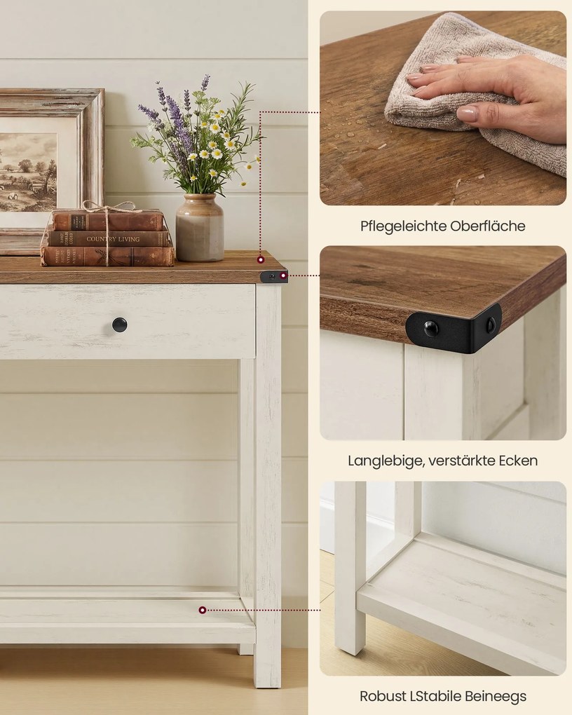 Mesa consola estreita 100 x 24 x 76 cm com gavetas em madeira, nas cores branco e castanho