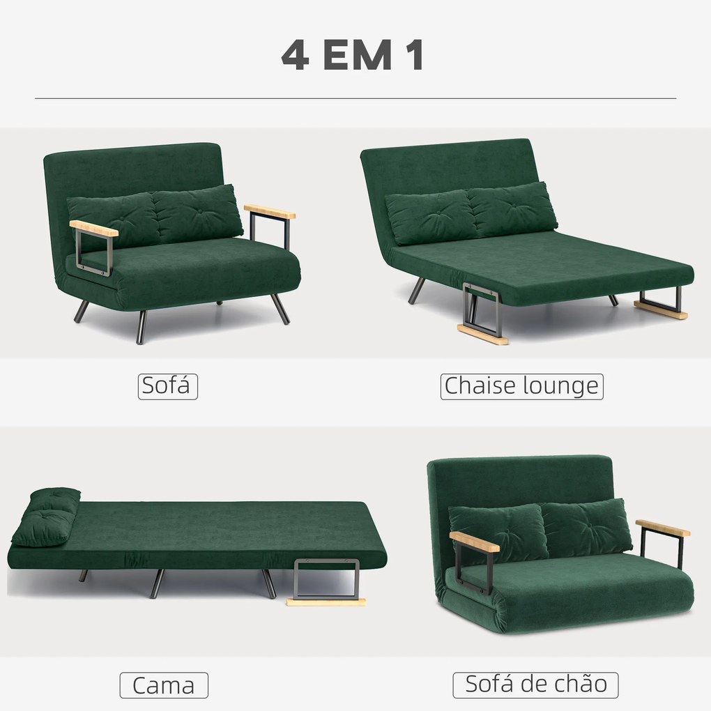 Sofá Cama Sofá Convertível em Cama de 2 Lugares Dobrável com Encosto Ajustável em 5 Níveis e 2 Almofadas 102x73x81 cm Verde