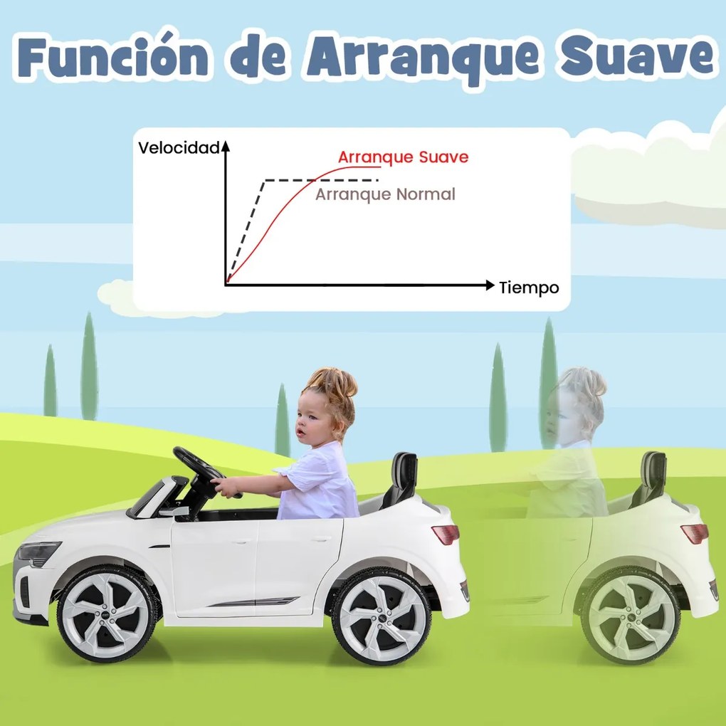 Carro elétrico para crianças de 12 V com controlo remoto de 2,4 G Luzes LED Arranque suave e suspensão com molas Branco