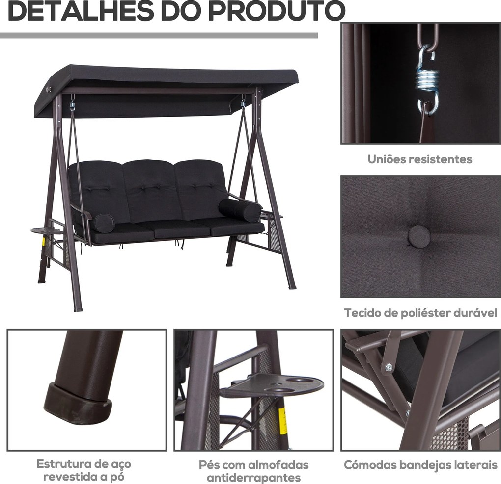 Baloiço de Jardim Faro – 3 Lugares – 206x116x183 cm – Preto – Com Teto