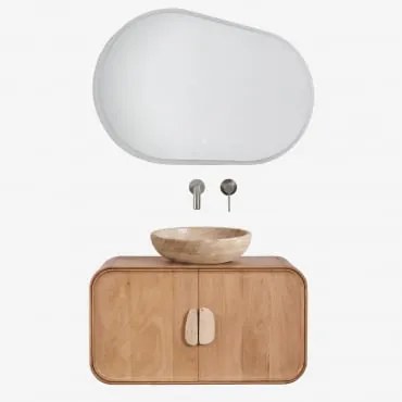 Conjunto De Móvel De Casa De Banho Suspenso 95x45 Cm Em Madeira De Manga E Pedra Natural Kivalina Travertino - Madeira De Mangueira & - Sklum