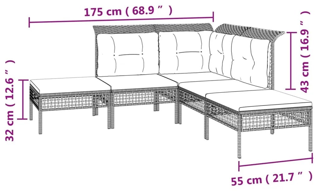 5 pcs conjunto lounge de jardim c/ almofadões vime PE cinzento