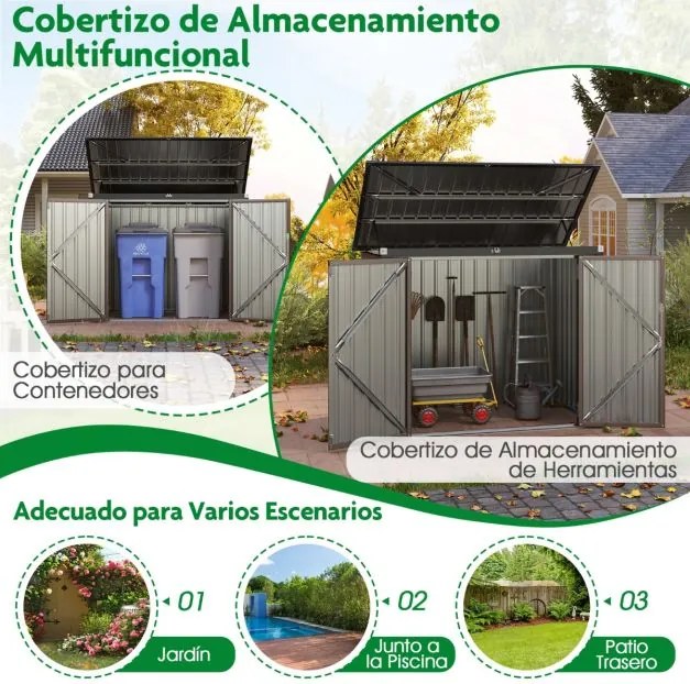 Abrigo Jardim com fechadura e aberturas duplas, 2 portas, estrutura em metal para pátio, 172 x 95,5 x 130 cm, cinzento claro