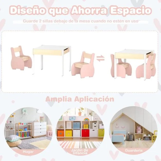 Conjunto de mesa e 2 cadeiras para crianças Mesa de atividades de madeira 4 em 1 para arte, desenho, leitura e quadro removível Rosa