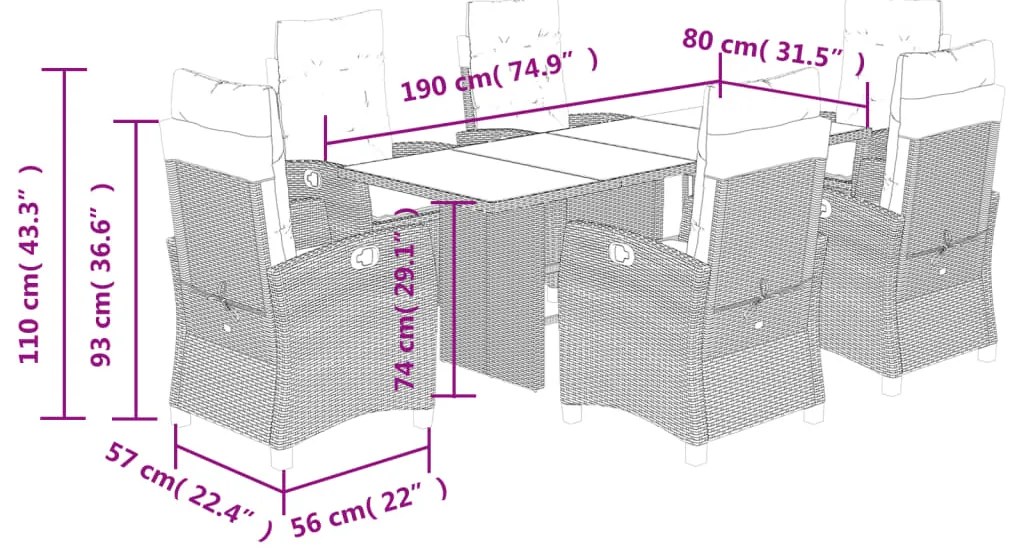 7 pcs conjunto jantar p/ jardim c/ almofadões vime PE castanho