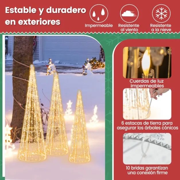 Conjunto de 3 árvores de Natal pré-iluminadas em forma de cone com correntes de estrelas 62/72/81cm