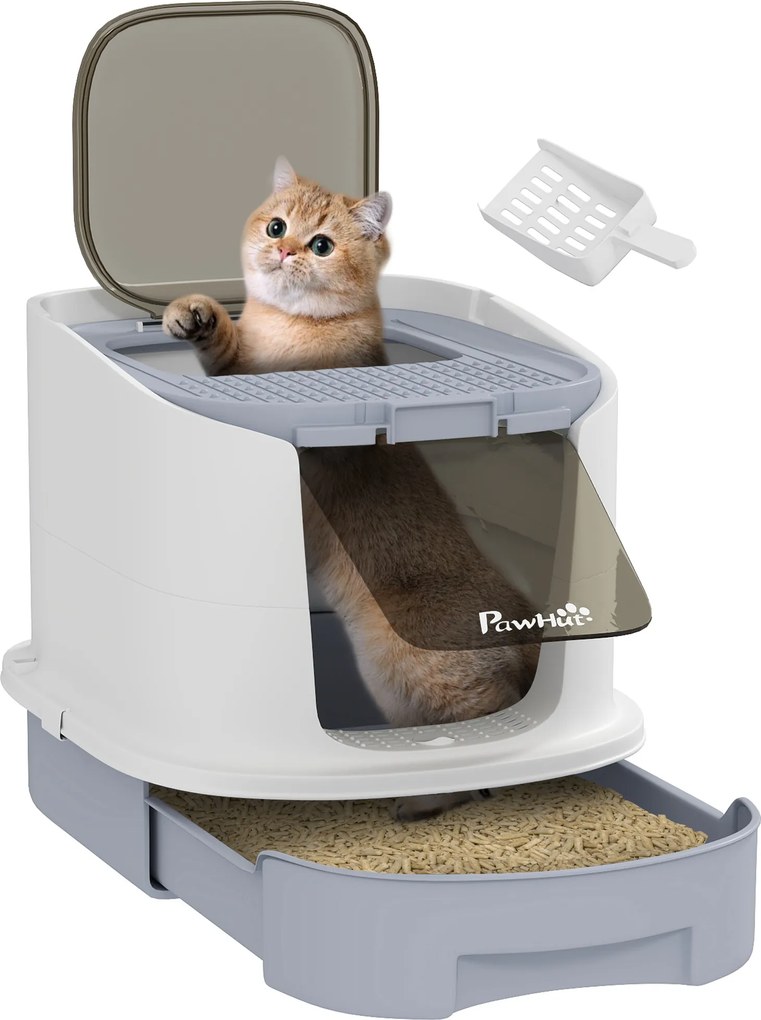 Caixa de areia fechada para gatos com porta translúcida e pá incluída, 40,5 x 52,5 x 42,5 cm, cinzenta