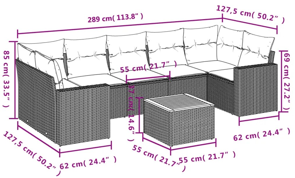 8 pcs conjunto sofás de jardim com almofadões vime PE preto