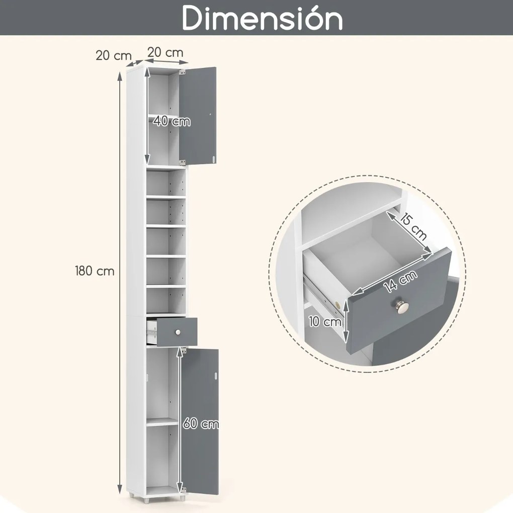 Armário de casa de banho alto e estreito com 2 portas, 1 gaveta e 5 prateleiras ajustáveis 20x20x180 cm cinza e branco