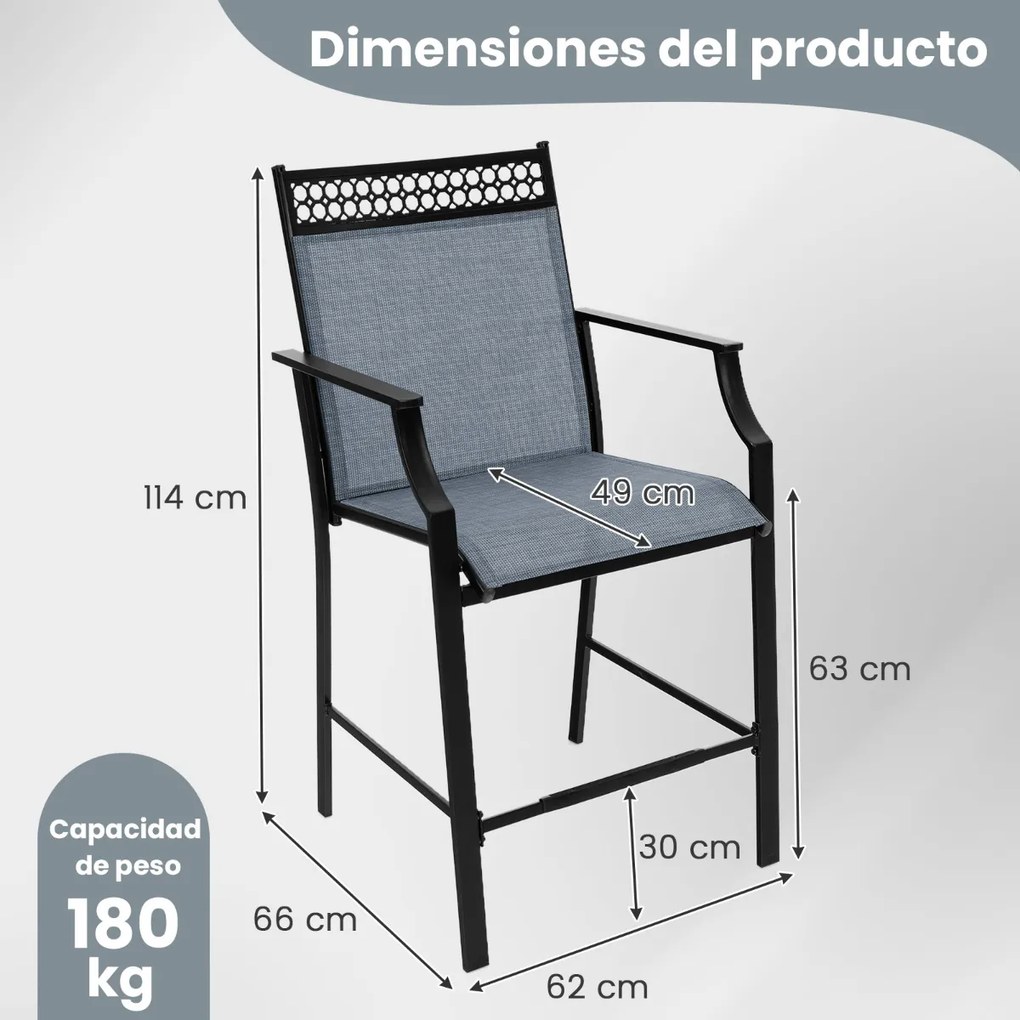 Conjunto de 2 bancos de bar para Jardim com apoio para os pés em metal à altura do balcão para jardim, piscina, varanda, cozinha Azul