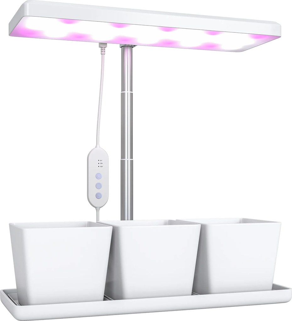 Outsunny Luz de Crescimento com 30 LED de Espectro Completo Ajustável em Altura com Temporizador Automático 8/12/16/24H 5 Níveis de Brilho e 3 Vasos 31,8x13,4x18,6-35,6 cm Branco | Aosom Portugal