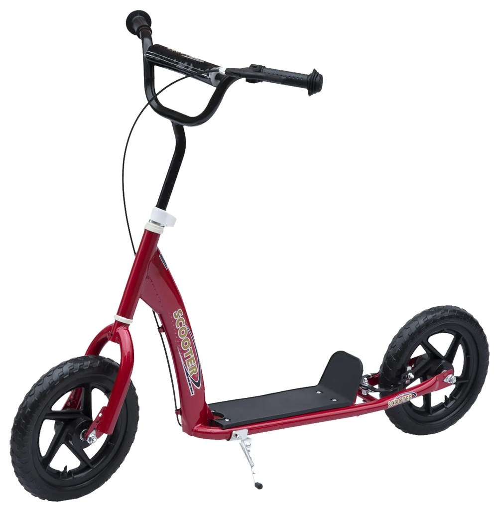 HOMCOM Trotinete com 2 Rodas de 12 Polegadas Trotinete para Crianças com Guiador Ajustável Freio e Cavalete Carga Máxima 100kg 120x52x80-88cm Vermelho