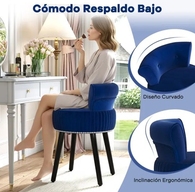 Cadeira, banco de Toucador de veludo 48 x 46 x 66 cm com encosto estofada com pernas de madeira maciça de meados do século Azul