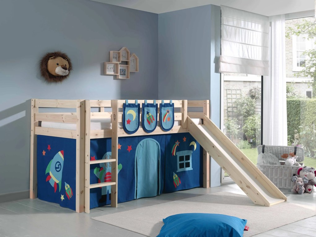 Conjunto Cama alta de Criança PINO 90 x 200 cm + estrado + escada + escorrega + cortina + bolsas de arrumação Astronauta Natural