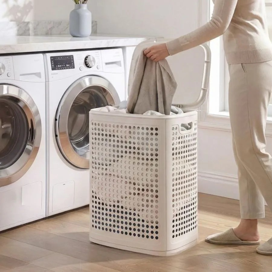 Cesto da roupa suja com tampa, 75 L, estreito, 42,5 x 33 x 57 cm bege cappuccino