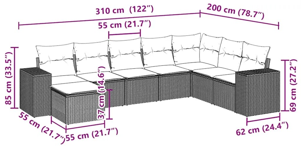 8 pcs conj. sofás jardim c/ almofadões vime PE cinzento-claro