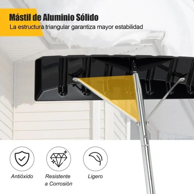 Ancinho de alumínio limpar neve regulável em altura 1,48-6,08m com 4 hastes extensíveis Limpa-neves para telhados e carros Preto + Cinzento
