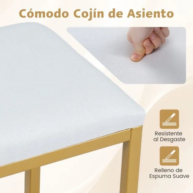 Banco de toucador 38 x 30 x 42 cm com almofada acolchoada e pernas de metal dourado para quarto, sala ou entrada Branco e dourado