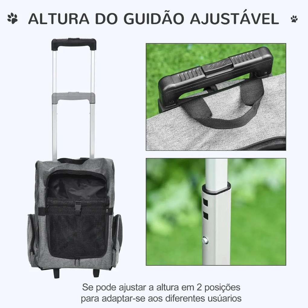 Transportadora Carrinho para Animais de Estimação 2 em 1 Mochila de Viagem com 2 Rodas para Cães Gatos com Alça Retrátil de Alumínio e Bolso de Armaze