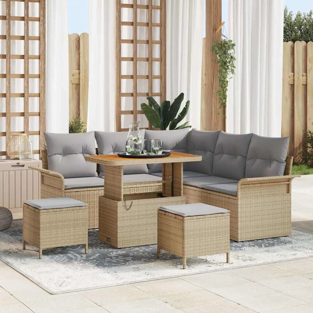 vidaXL Conjunto de Sofá de Jardim de 8 Peças com Almofadas Bege, Rattan de Polipropileno e Madeira de Acácia.