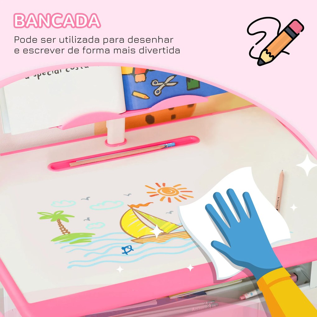 HOMCOM Conjunto de Secretária e Cadeira para Crianças de 6-12 Anos Secretária Infantil com Altura Ajustável 1 Gaveta 1 Suporte para Lápis e 1 Prateleira para Livros 60x45x90-120 cm Rosa